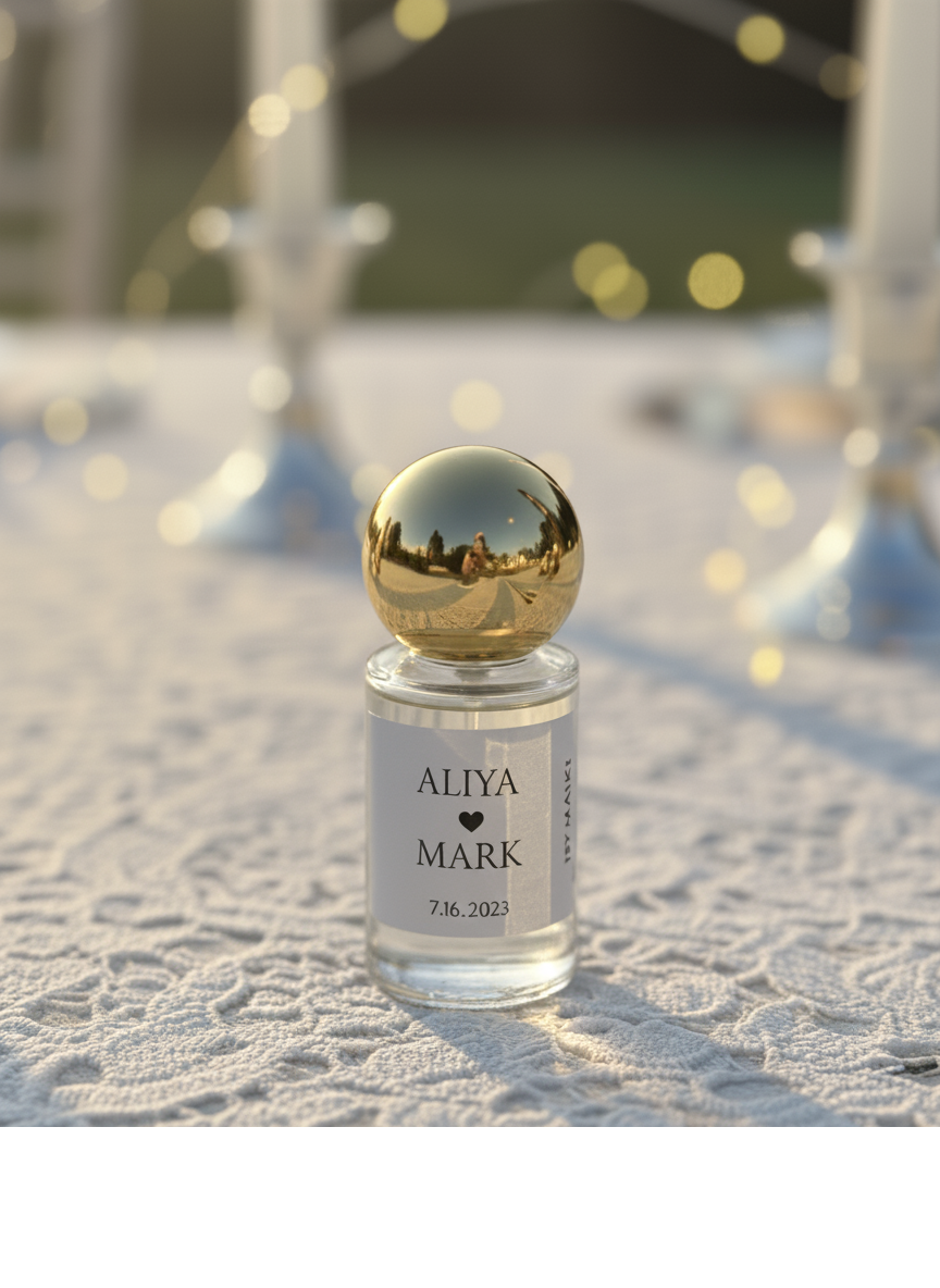 A gold-capped MISKI favor bottle labeled with a couple's names